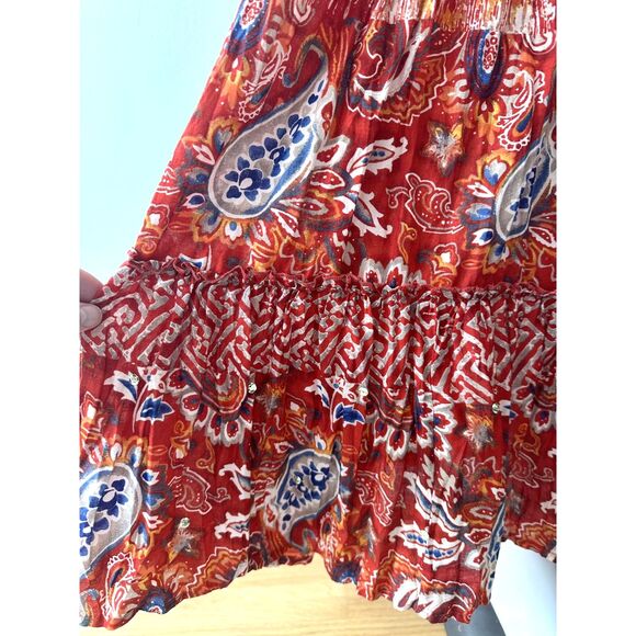 Boho Red Paisley Patchwork Maxi Skirt Tiered Crinkle Elastic Waist size Large - Picture 8 of 8